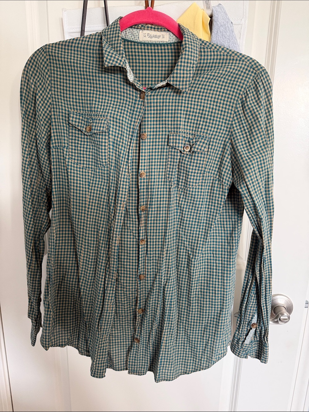 Pull&Bear Green and Cream Checked Long Sleeve Shirt